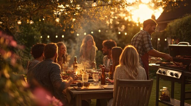 Twilight BBQ Gathering: Friends and family gather around a table laden with food, laughter, and the warm glow of string lights for a memorable evening.