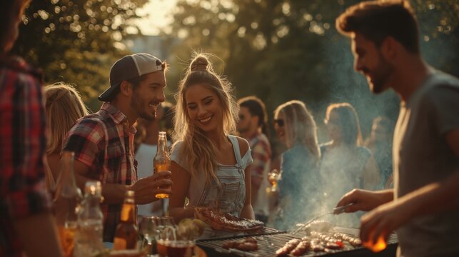 Gathering for a Feast: Friends and family come together for a barbecue, a scene of warmth, good company, and shared enjoyment.  The warmth from the grill mingles with the happiness of the guests.