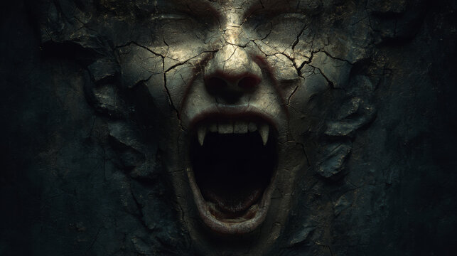 Distorted face emerging from cracked stone wall, mouth wide open in a scream, showcasing sharp fangs and intense expression in a dark, eerie atmosphere