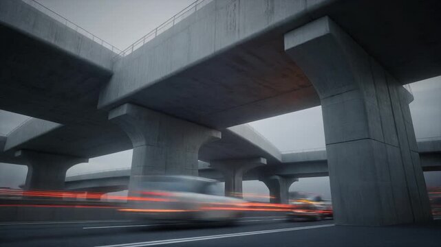 Dynamic urban infrastructure featuring multi-level concrete overpasses and blurred cars in motion, capturing the essence of modern city life and rapid transit