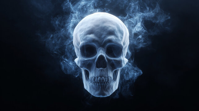 Transparent human skull surrounded by swirling smoke on a dark background, creating a mysterious and eerie atmosphere for artistic or thematic use
