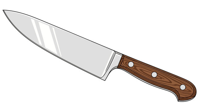 Sharp kitchen knife with wooden handle, cooking utensil, chef's tool, cutlery, isolated on white background, culinary, food preparation, professional, closeup