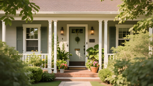 Charming suburban home with a welcoming green front door and lush porch landscaping.