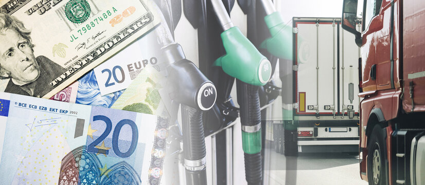 Fuel prices transport background. Gas pump nozzles scene. Dollar euro money concept. Truck logistics industry image. Energy cost crisis theme. Economy inflation detail.