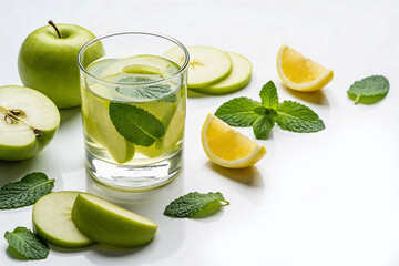 Fototapeta premium Green Apple Lemon Detox Water with Fresh Mint in Glass on White Background