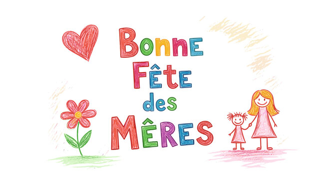 Hand drawn 'bonne fte des mres' message with colorful letters heart flower