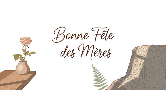 Elegant bonne fte des mres calligraphy with delicate rose and fern on soft