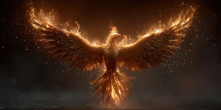 Stunning illustration of a phoenix firebird soaring with wings spread wide, created from intense glowing flames against a dark background.