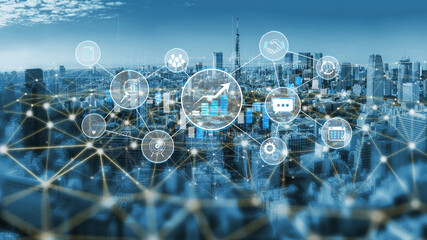 Obraz na płótnie Canvas Abstract digital network connecting city skyline with business icons representing finance, growth, technology, and communication in a futuristic view Sigmoid