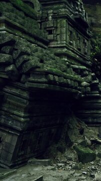 Ancient stones rise from the ground, draped in moss and vines. The jungle envelops the ruins, creating an atmosphere of mystery and forgotten history, especially in the early hours.