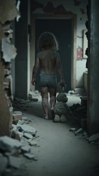 Young child walking through ruined building carrying grey plush rabbit toy, tracking shot