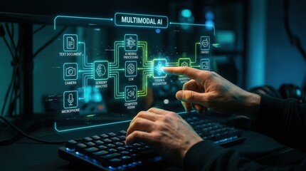 Fototapeta premium Multimodal AI Fusion: Text, Camera, Microphone, LLM & Chatbot Integration