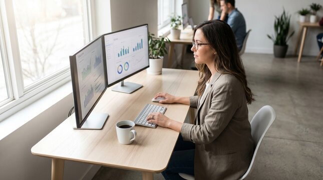 A businesswoman analyzes data on two monitors with a cup of coffee at the office