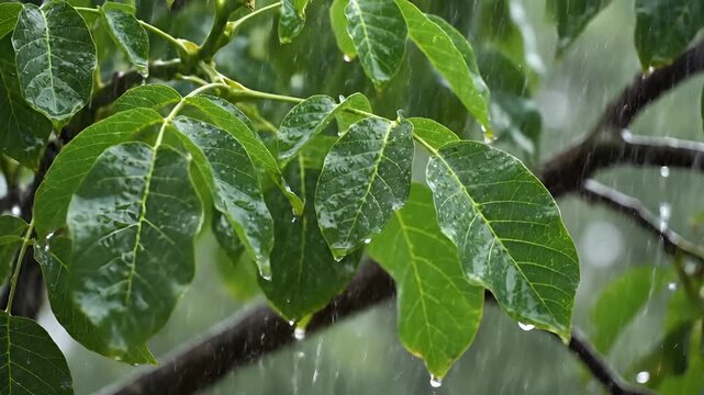 Close up of green leaves with raindrops falling during a storm.