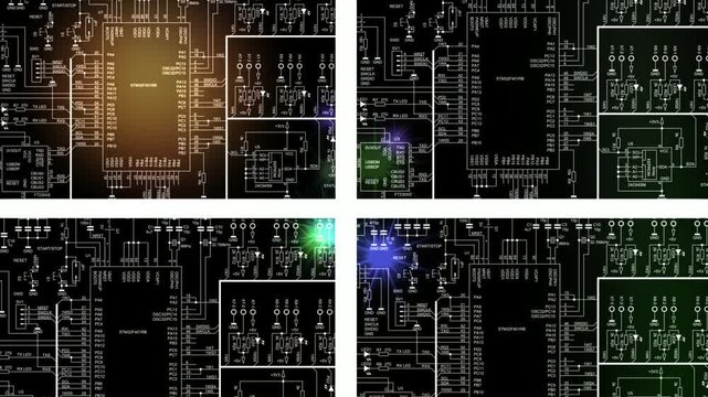 Video animation with schematic diagram of electronic device. 
Drawing electrical circuit with capacitor, resistor, 
controller, diode, led, integrated circuit,
other components. Animated motion effect