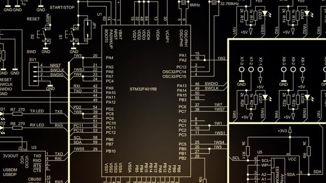 Video animation with schematic diagram of electronic device. 
Drawing electrical circuit with capacitor, resistor, 
controller, diode, led, integrated circuit,
other components. Animated motion effect