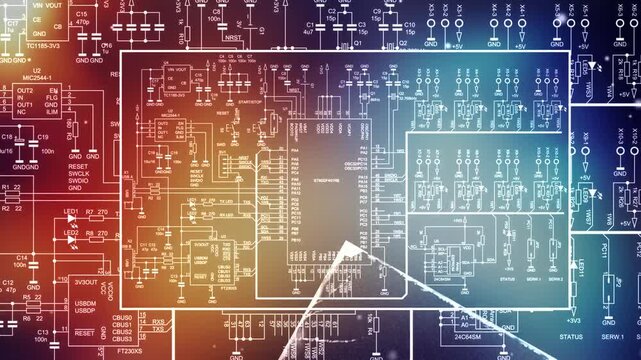 Video animation with schematic diagram of electronic device. 
Drawing electrical circuit with capacitor, resistor, 
controller, diode, led, integrated circuit,
other components. Animated motion effect