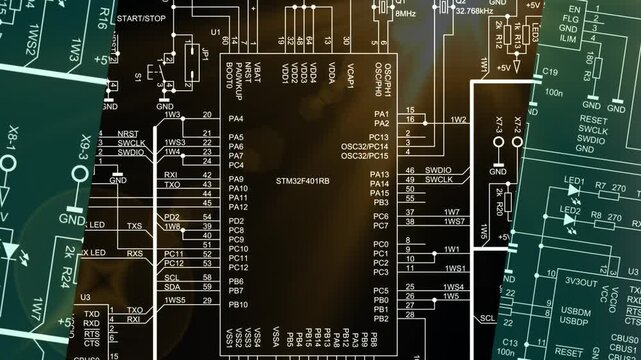 Video animation with schematic diagram of electronic device. 
Drawing electrical circuit with capacitor, resistor, 
controller, diode, led, integrated circuit,
other components. Animated motion effect
