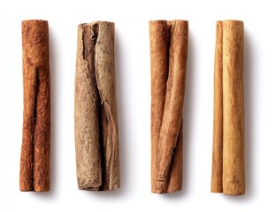 Overhead shot of four cinnamon sticks, each with unique texture and subtle shadows © Abbad