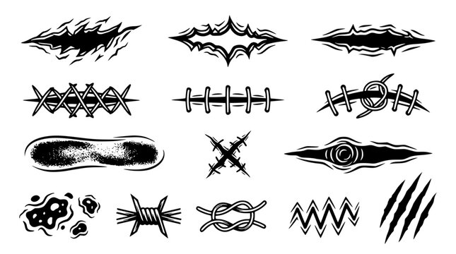 Set of black vector illustrations depicting various scary claw marks