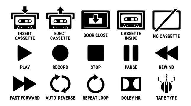 A collection of retro cassette player control vector graphic icons