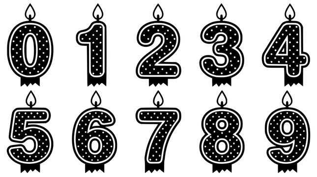 Set of black number birthday candles with white polka dots