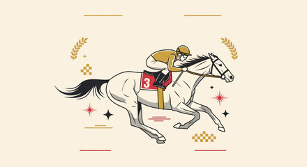 Fototapeta premium Vintage style illustration of a jockey riding a horse in a fast paced race competition