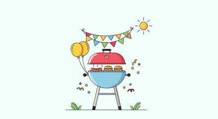 Naklejka premium Outdoor barbecue grill with burgers and hotdogs under festive flags for a Memorial Day cookout