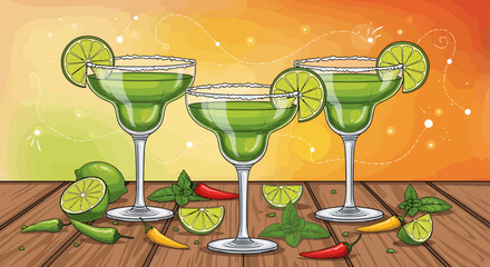 Naklejka premium Festive margarita cocktails with lime and chili peppers for Cinco de Mayo celebration