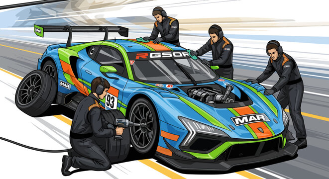 Professional pit crew changing tires and servicing a high speed race car during a competition