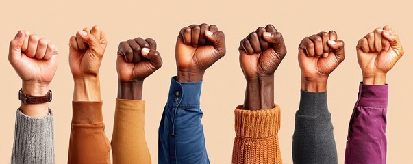 Fototapeta premium Diverse group of raised fists showing solidarity, unity and empowerment in protest