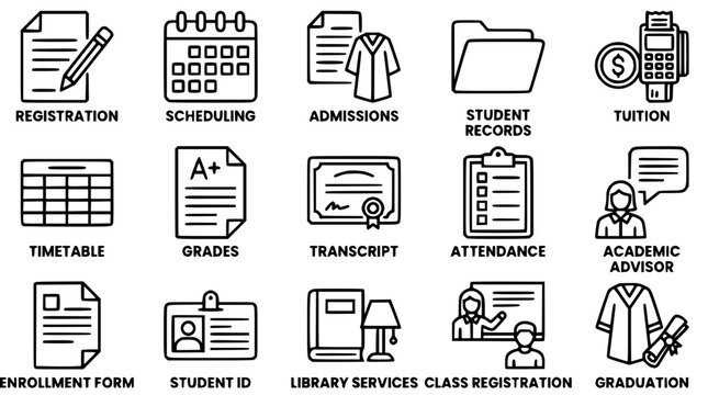 Set of black and white academic school administration vector icons