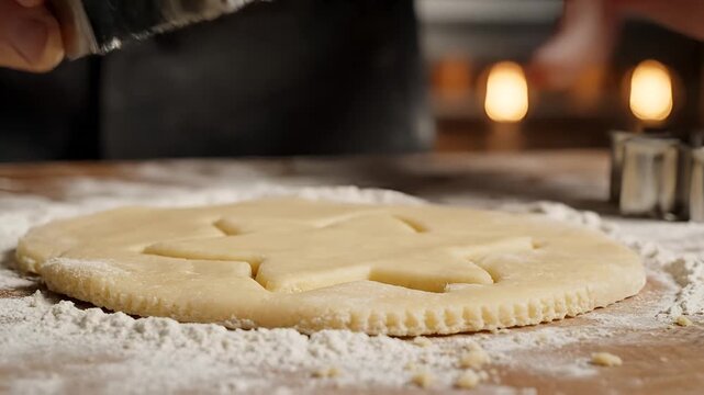 Closeup of hands using a starshaped cookie cutter on dough.