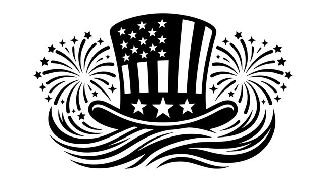Patriotic uncle sam hat vector illustration with festive firework bursts