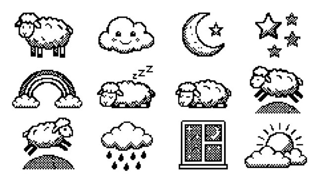 Collection of cute pixel art sheep and night sky icons