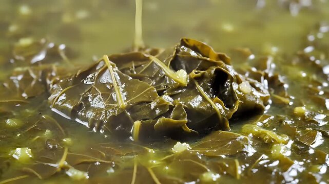 Closeup of healthy green leafy vegetables being cooked in a pot.