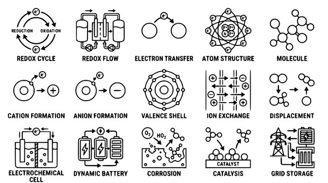 Set of technical chemistry icons illustrating chemical process reaction steps
