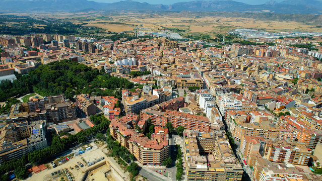 Aerial panorama of the old town of the city Huesca in Spain on a sunny summer day.