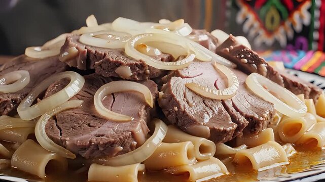 Delicious Central Asian Dish with Sliced Meat and Onions.