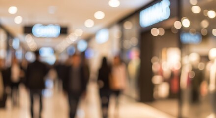 Fototapeta premium Defocused view of a modern retail center showing blurred shoppers and glowing bokeh lights from boutiques.