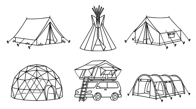 Collection of various camping tent icons as linear vector illustrations