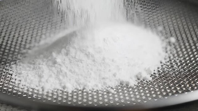 Fine White Powder Sifted Through Metal Sieve Close Up.