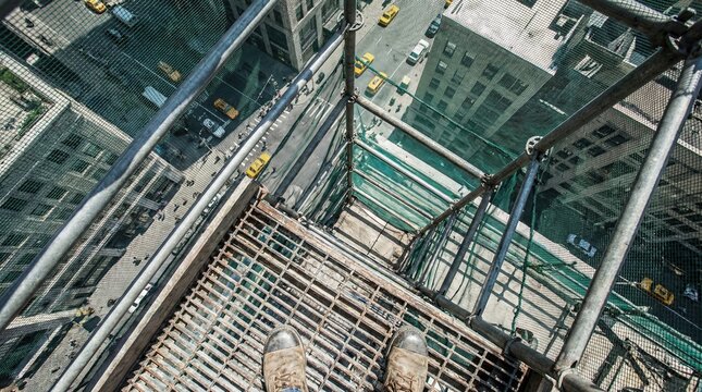 First person view of worker boots on metal scaffolding high above a busy city street with yellow taxis. It captures the height and danger of construction work. Use for industrial safety themes.