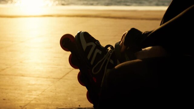 Close-up of hands putting on inline skates backlit by golden sunset at seaside. Cinematic warm glow, orange wheels silhouette. Active sport and summer lifestyle concept.
