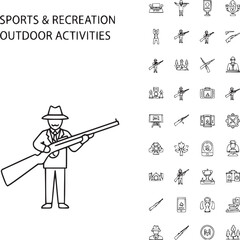 Fototapeta premium Flat design vector illustration of man fishing with outdoor sports and recreation icons set