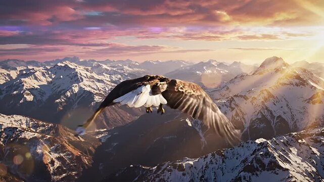 Majestic Bald Eagle Soars Over SnowCapped Mountains at Sunrise 1.