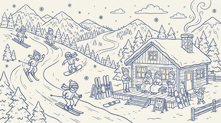 Fototapeta premium Winter ski resort scene with people skiing and snowboarding near a cozy mountain cabin in doodle line art style