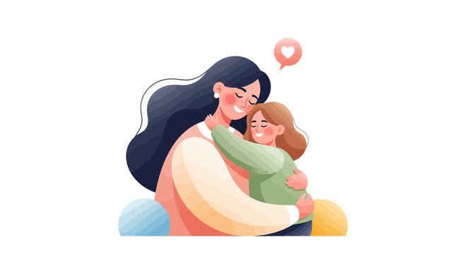 A heartwarming illustration celebrates International Mother's Day, depicting a smiling mother with long dark hair embracing her daughter in a tender hug against a clean white background