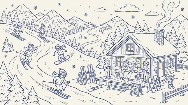 Winter ski resort scene with people skiing and snowboarding near a cozy mountain cabin in doodle line art style