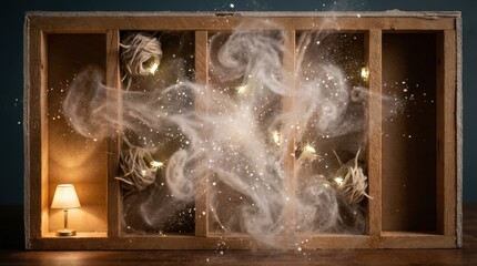 Naklejka premium White smoke fills a wooden wall structure to eliminate pests. Conceptual representation of fumigation and pest management. Suitable for home maintenance or extermination services.